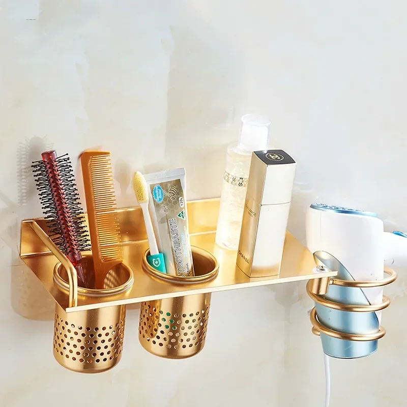 Multi-function Bathroom Hair Dryer Holder Wall Mounted Rack Aluminum Hair Dryer Shelf Storage Organizer Bathroom