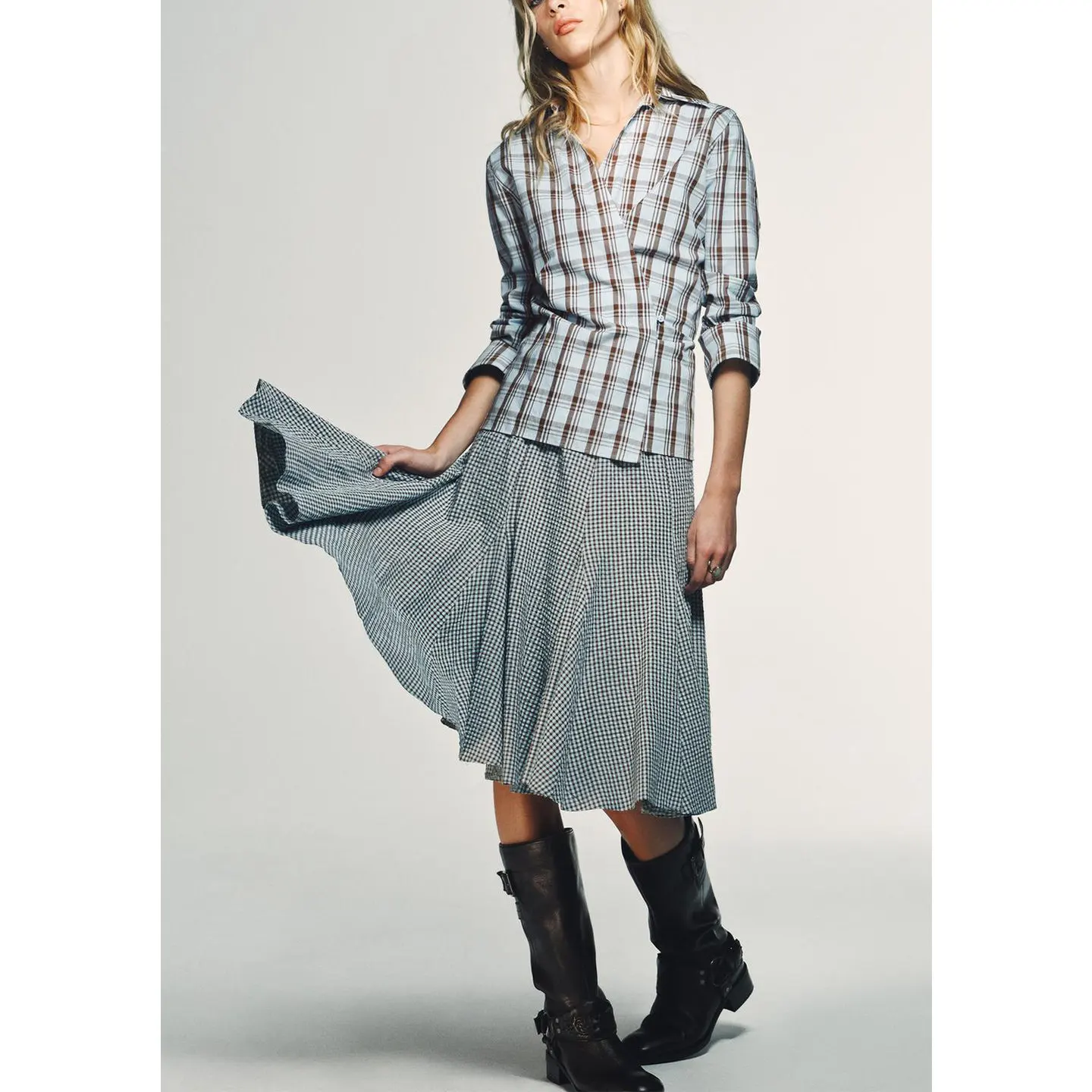 Women's Plaid Shirts And Midi Skirts Spring Fashion Set Long Sleeve Regular Length Double Lapel Wide Hem Wave Style