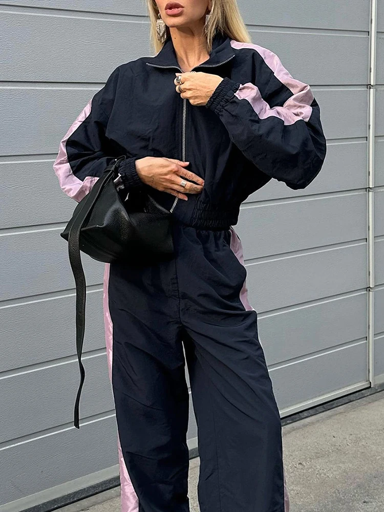 Navy Patchwork Sporty Women Outfit Autumn 2024 Zipper Long Sleeve Jackets Shirts + Wide Legs Pants Two Pieces Sets Pants Suits