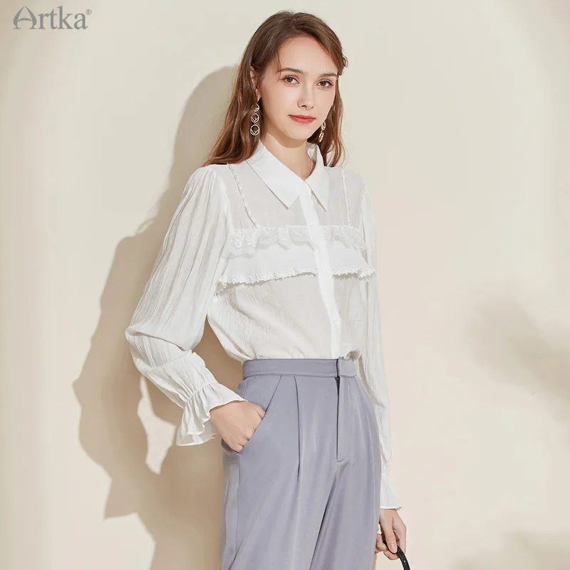 ARTKA 2022 Spring New Women Blouse French Elegant Soft Chiffon Shirts Lapel Lace Long Sleeve White Shirt Female SA29011Q