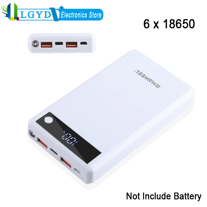 HAWEEL DIY 6 x 18650 Battery Power Bank Box with Display Max 24W Fast Charger Device Combination Case, Not Include Battery