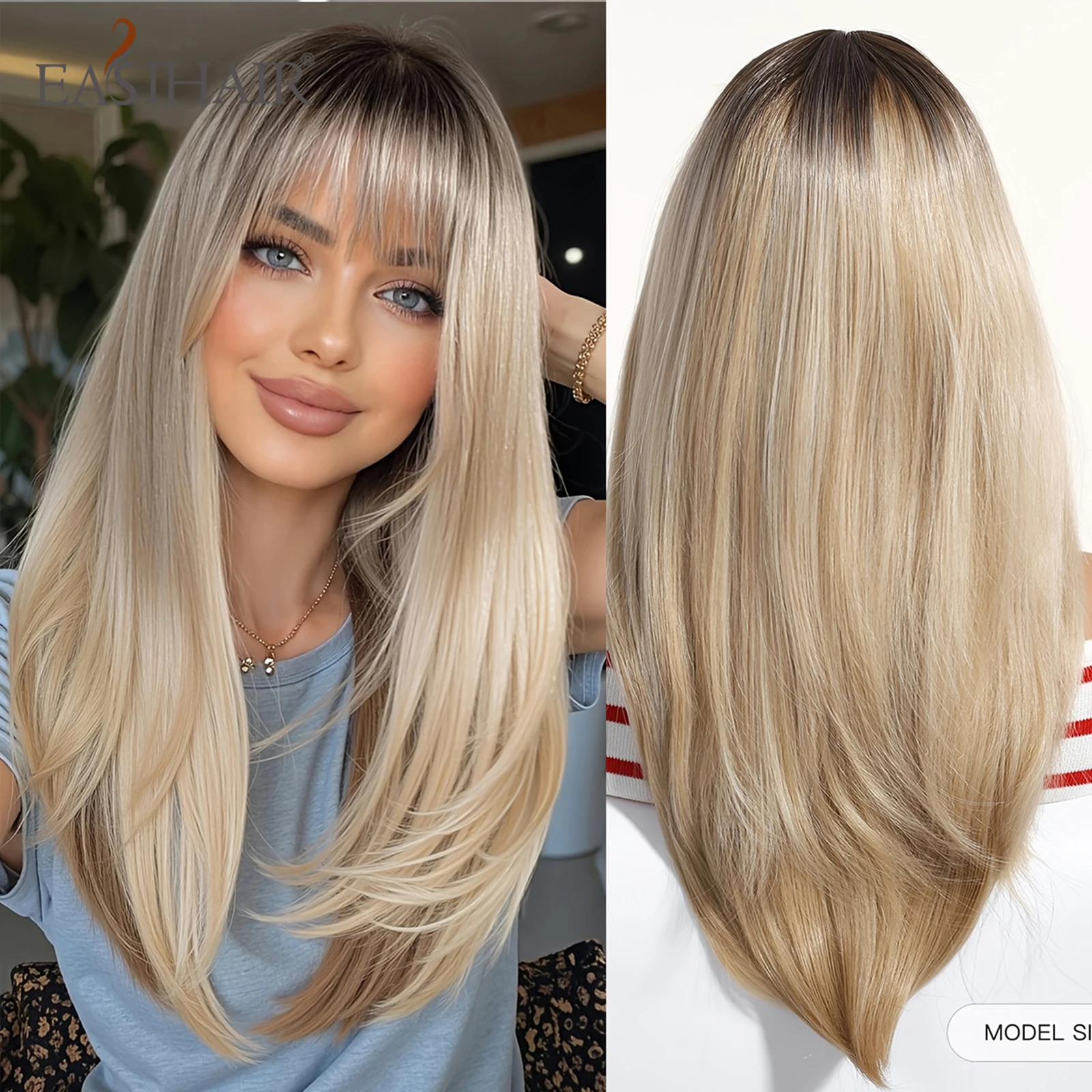 

EASIHAIR Коричневые Блондинки Ombre Прямые Синтетические Парики для Женщин Длинные Прямые Многослойные Парики Волос С Челкой Ежедневные Партии Натуральный Парик