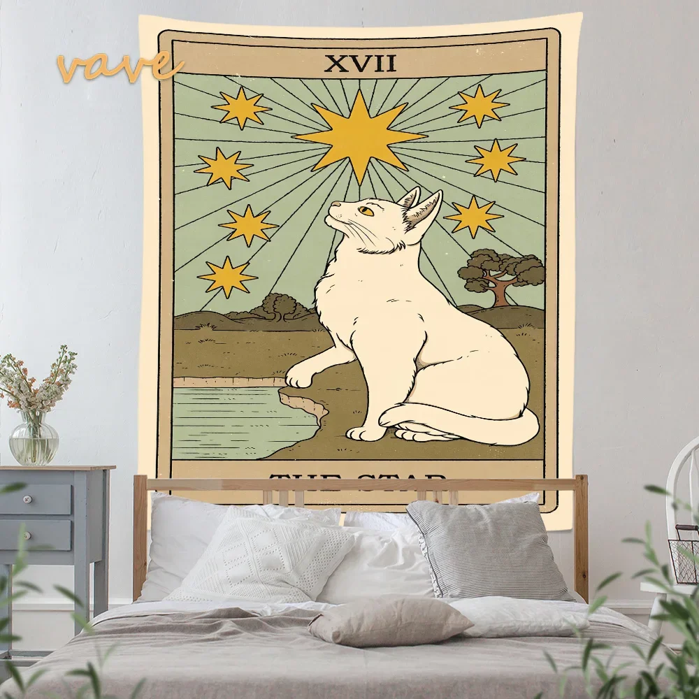 Cat Tarot Card Tapestry Wall Hanging Boho Hippie Sun Moon Star Cloth Fabric Large Tapestry Aesthetic Interior Dorm Bedroom Decor