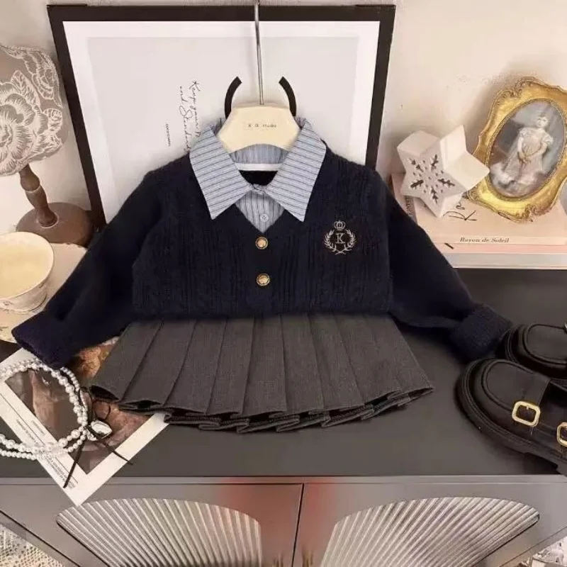 

Spring Autumn Kids Dress Set 1-9T Sweet Bow Girls Sweater +Suspender Dress Korean Version Loose Children Outwear Clothes 2PCS