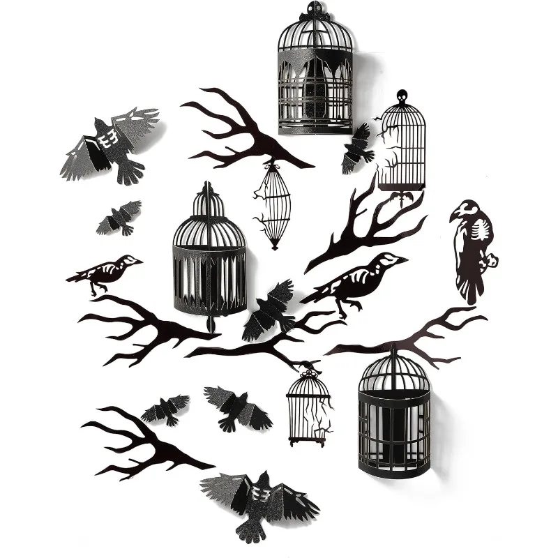 3D Glitter Black Crow Cage Wall Sticker Self Adhesive Peelable Decal Set for Spooky Gothic Halloween Home Room Wall Decorations