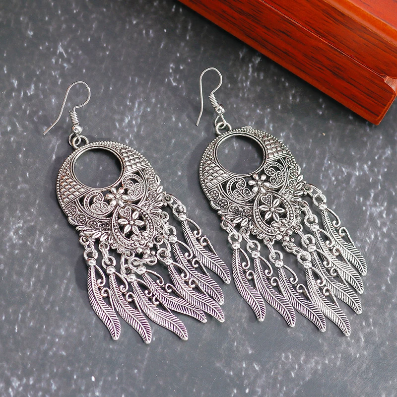 Aihua Vintage Tibet Silber Farbe große Aussage hohle geschnitzte Blumen geometrische Muster Blätter Quaste Tropfen Ohrringe für Frauen – Detail 8