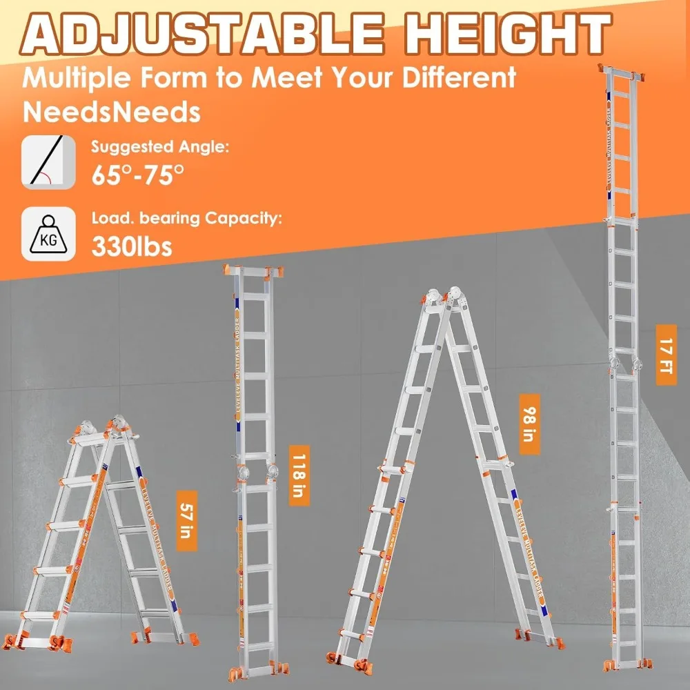 5-Step A-Frame Extension Ladder with Stabilizer Bar and Wheels, 330 lbs Load Capacity, Multi-Position Ladder for Secure Use