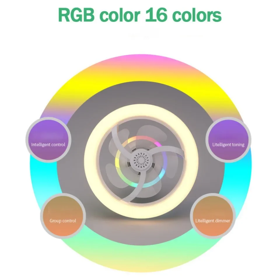 Modern 360° Rotating Ceiling Fan with LED Light & Remote RGB Color Dimmable E27 Chandelier Fan Lamp for Home Atmosphere Lighting