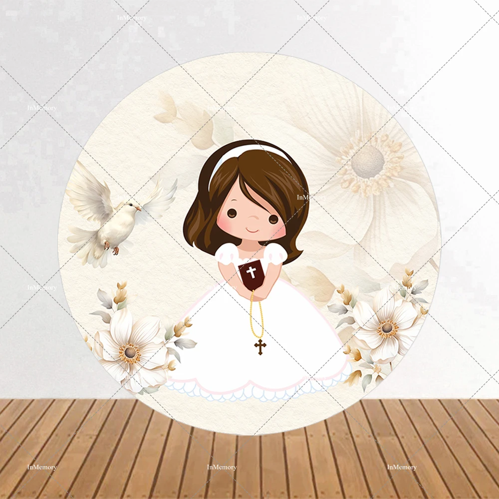 God Bless Girls Baptism Round Backdrop Cream Color Flower Pigeon First Holy Communion Photography Backgrounds Plinth Cover