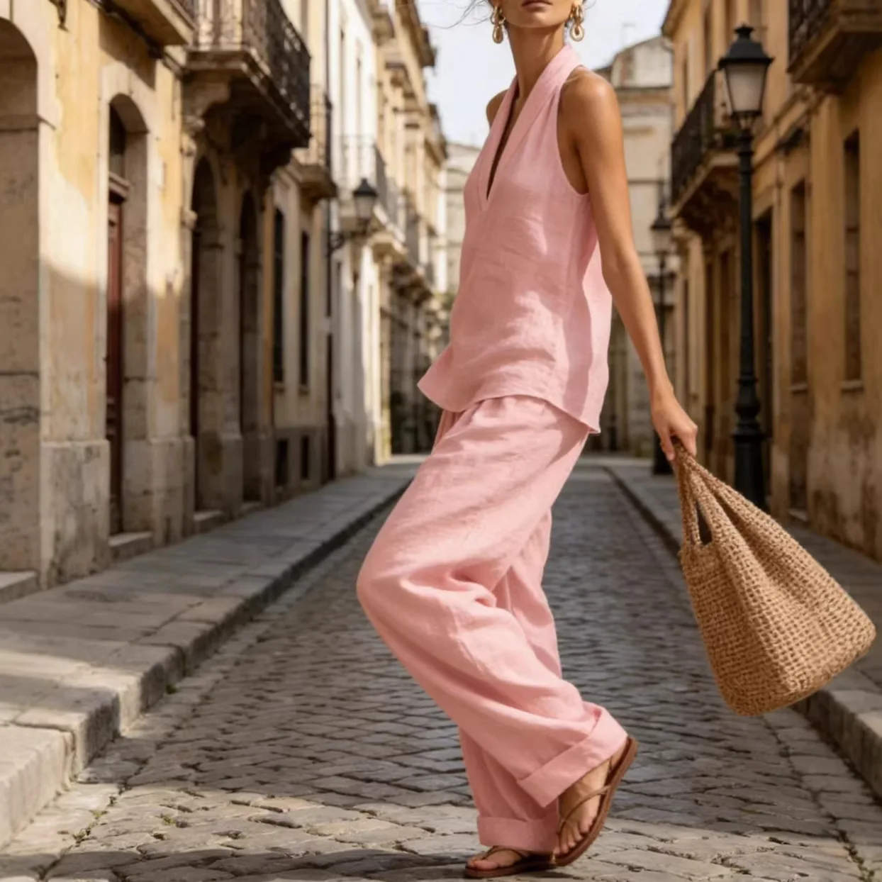 Sommerliches Damen-Freizeit-Set aus Leinen: 2-teiliges Halter-Neck V-Ausschnitt Top und Weite-Bein-Hose für Strand und Urlaub – Detail 7