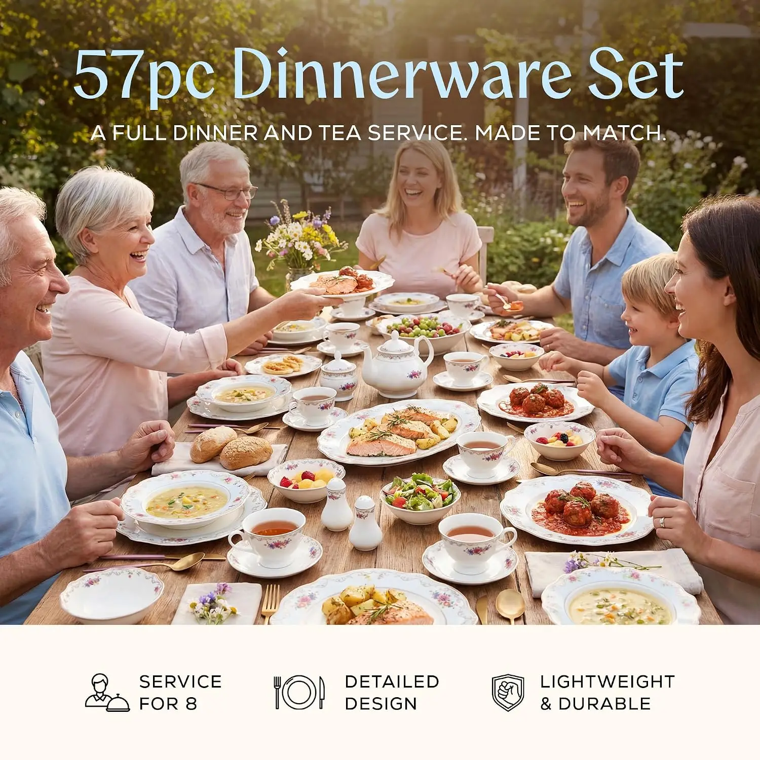 57-Piece Bone China Dinnerware Set – Complete Dining Tableware Collection for Everyday Meals and Special Occasions