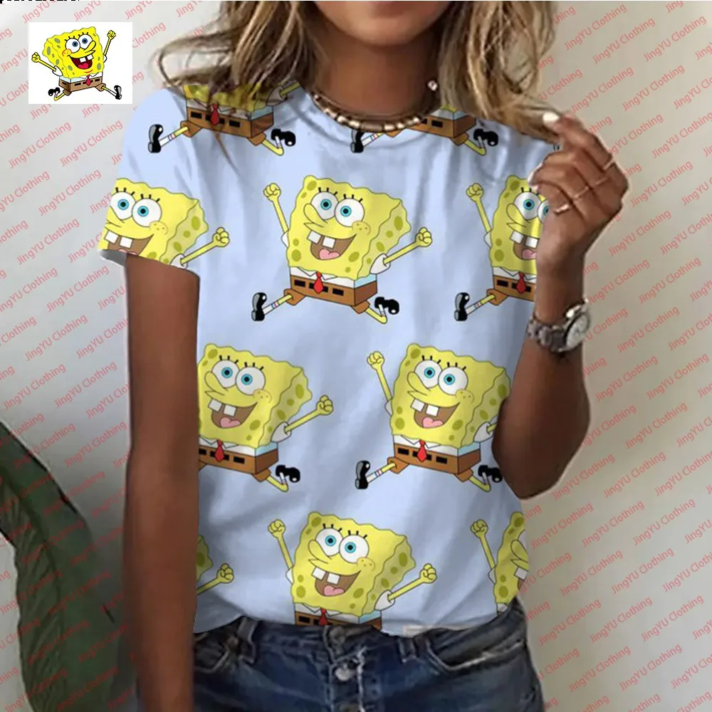 Kaus lengan pendek wanita, nyaman dan kasual T-shirt SpongeBob kartun Musim Panas 2024 baru kaus kartun lucu modis