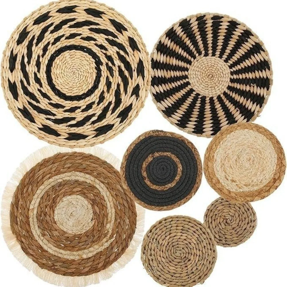 Boho Straw Woven Tray Wall Decor Macrame Round Basket Straw Wall Hangings Heat Resistant Non Slip Woven Coaster Placemat