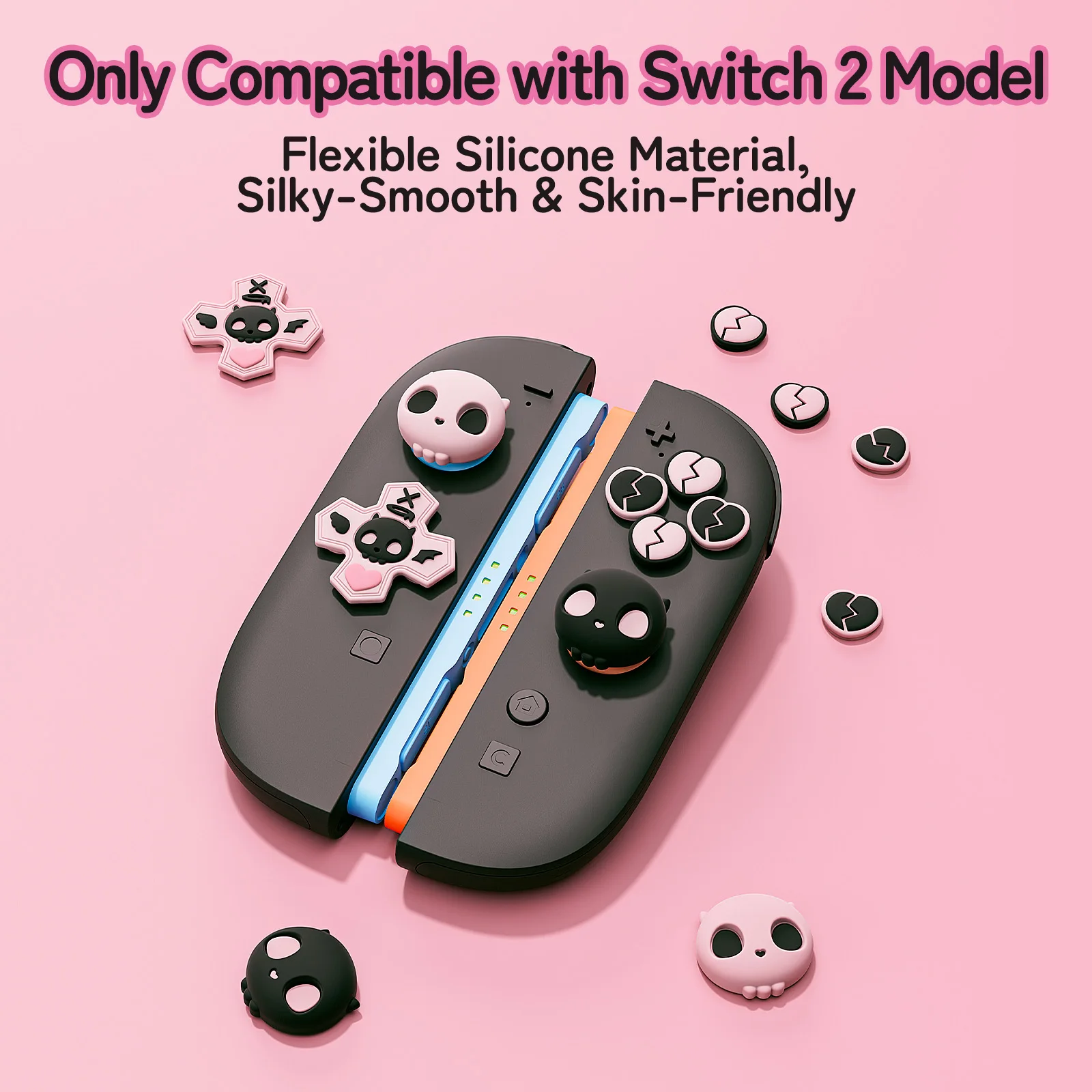 GeekShare Skull D-Pad Button Caps Thumb Grips Set Compatible with Switch 2, ABXY Key Buttons Sticker Joystick Cover Caps