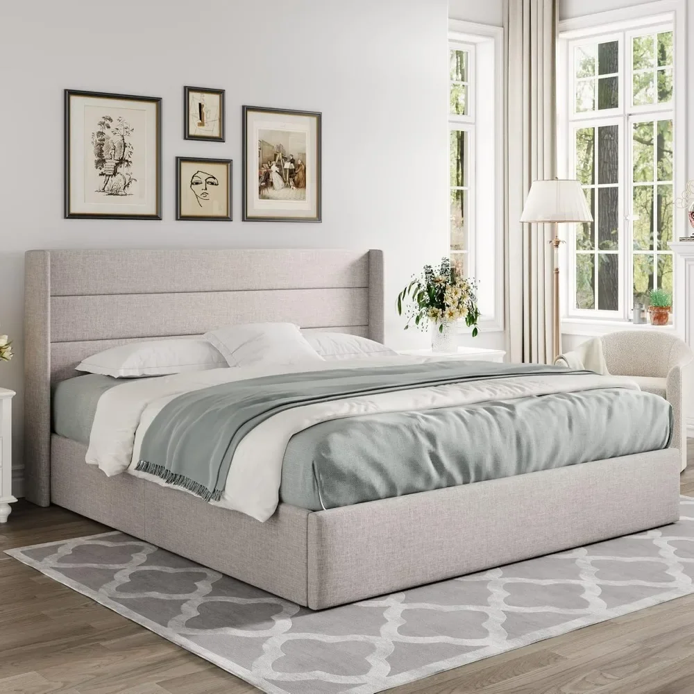 Lift Up Storage Bed, Modern Wingback Headboard, No Box Spring Needed, Hydraulic Storage, Bed Frame Queen Size