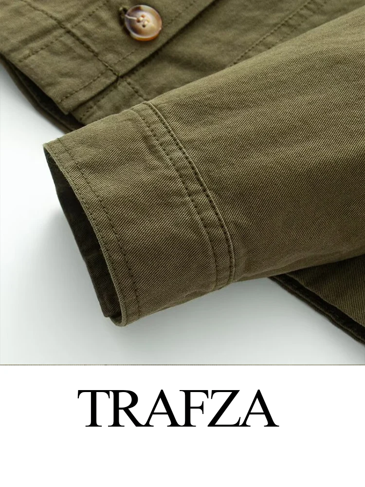

TRAFZA Women's Autumn Fashion Vintage Single Breasted Pocket Decorative Twill Jacket Female Versatile Casual Long Sleeve Coat