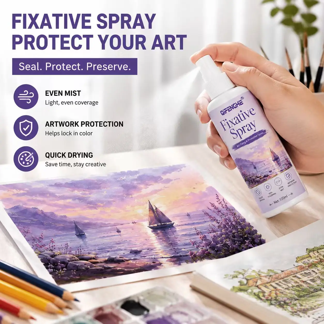 Universal Artwork Fixative Spray. Quick Dry, No Odor, Non-Yellowing. Seals & Protects Watercolor, Pencil, Pastel from Fading.