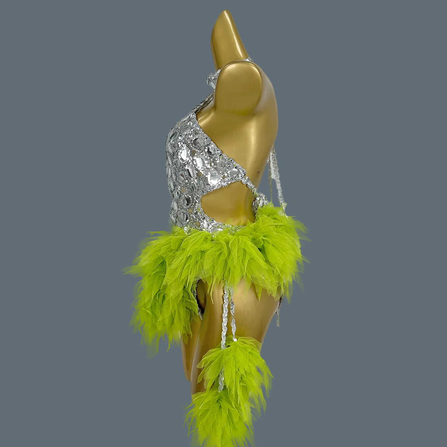 Mesh Performance Costume Bar Dancer Night Club Bodysuit Stage Wear Sparkly Green Fade Mirrors Women Sexy BodyconLeotard Yuanjing