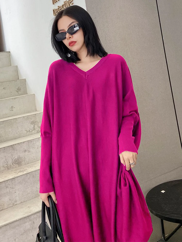 [EAM] Women Blue Knitting Big Size Mini Dress New V-Neck Long Batwing Sleeve Loose Fit Fashion Tide Spring Autumn 2024 1DF9758