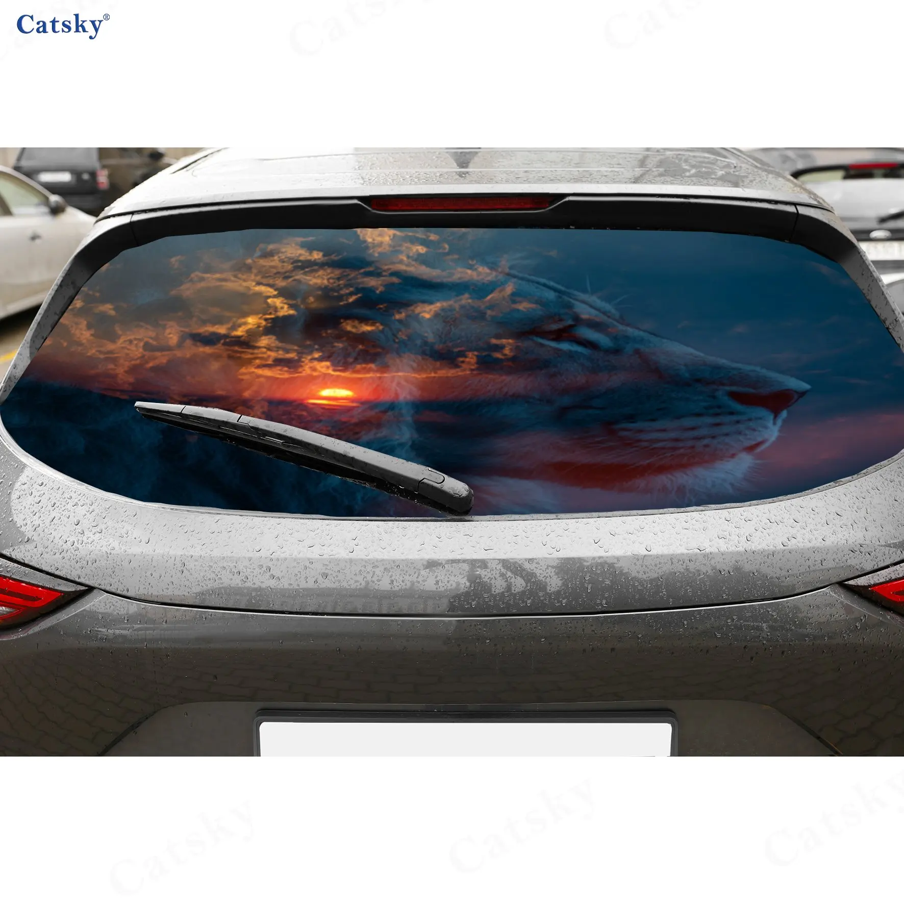 Vinilos para autos perforados de PVC con diseño de león y atardecer, diseño que mejora la privacidad para la ventana trasera, adhesivo para el parabrisas trasero del auto