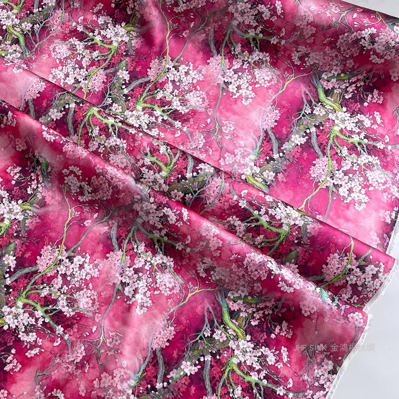 High-End Heavy Silk Fabric 40MM Elastic Heavy Satin with Phantom Pear Blossom Red Print | Ideal for dress