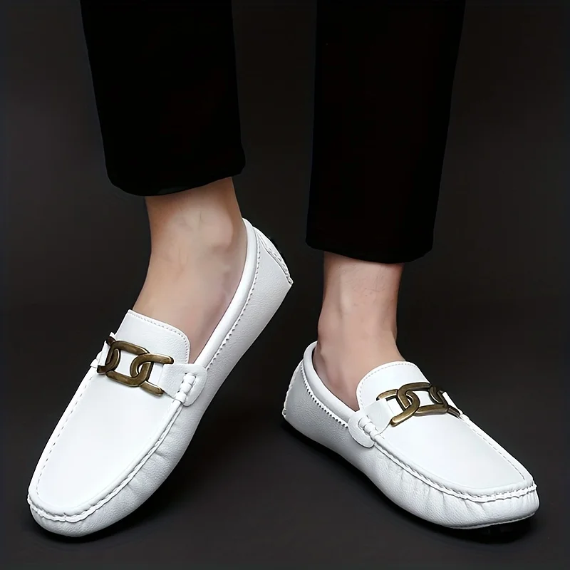 men Women's Metal Chain Decor Solid Flat Loafers, Casual Soft Sole Anti-skid Slip On Shoes, Fashion Walking Flats