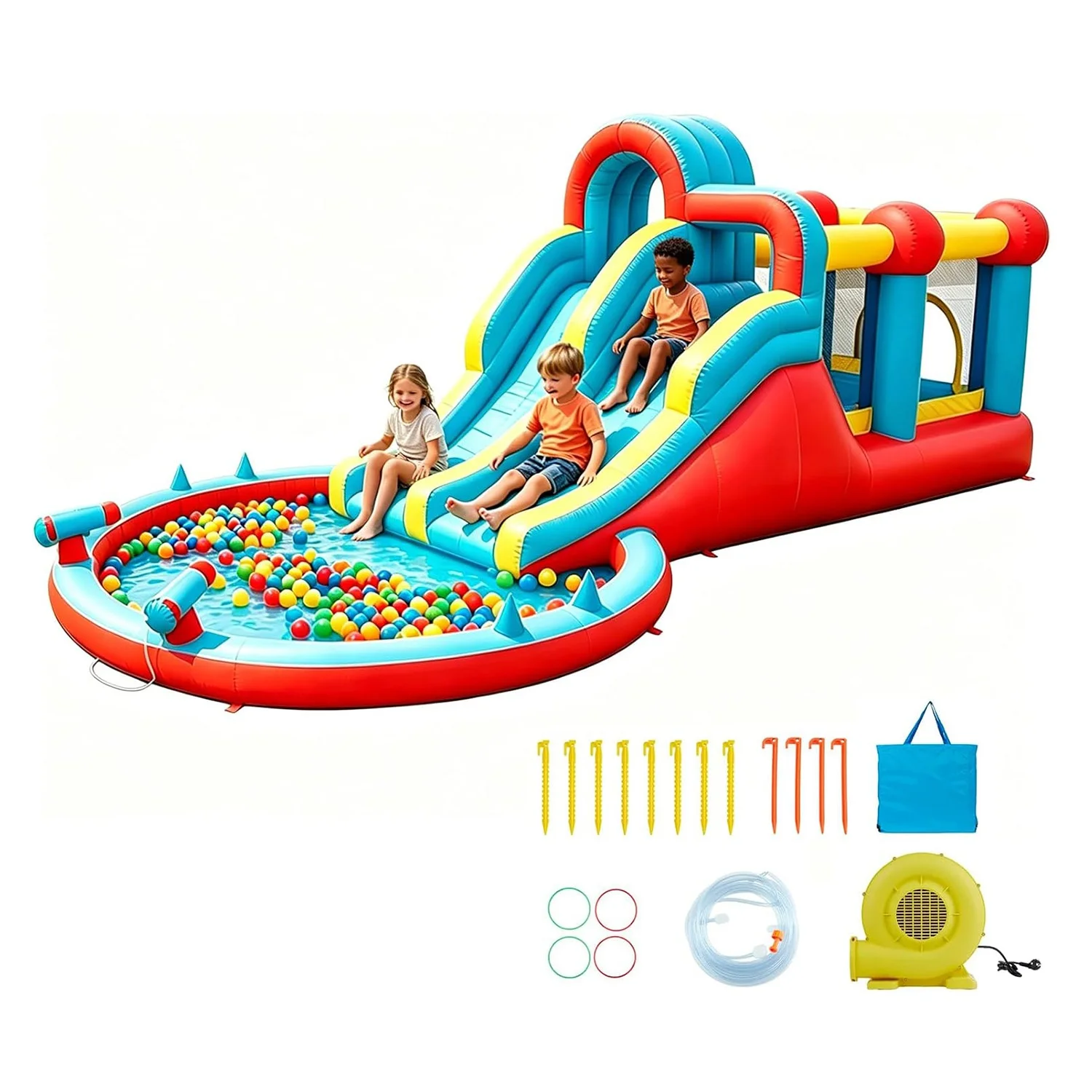 

8-in-1 Inflatable Water Slide Park - 23 ft Kids Water Bounce House with Dual Racing Slides, Climbing Wall, Trampoline, Splash Pool, Large Outdoor Backyard Fun for Kids Ages 3-12
