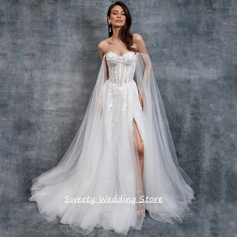 

Customized Sweetheart Wedding Dress Robe De Mariee Sexy Sleeve Cape Pearls Applique Lace Tulle A Line Woman Bridal Gown