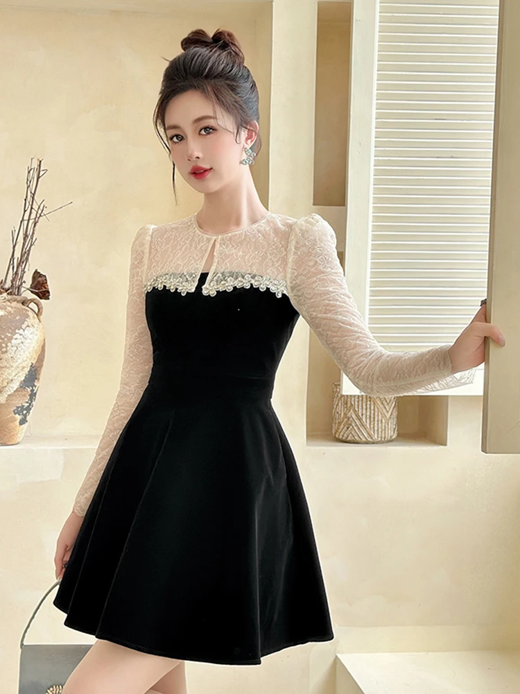 Elegant Black Velvet & White Lace Spliced Evening Party Dress Women's Cute Sexy Sheer Swing Ball Gown Lady Prom Vestidos Dating