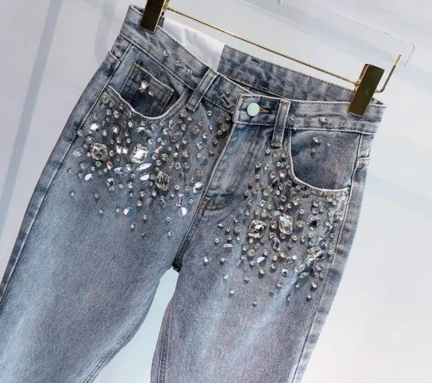 Imagem -04 - Diamante Strass Flash Casual Baggy Calças Jeans Femininas Harem Calças Casuais