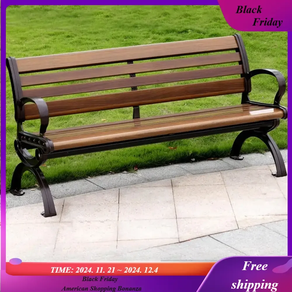 Outdoor Bench Modern Park Bench with Corrosion Resistant Metal Frame, Dark Brown Wooden Seating with Backrest