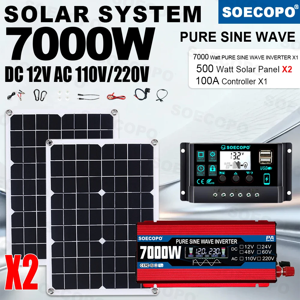 SOECOPO Pure Sine Wave 7000W Solar Kit 2PCS 500W Solar Panels Controller 12V DC 110V 220V AC Inverter for Garden Vehicle Power