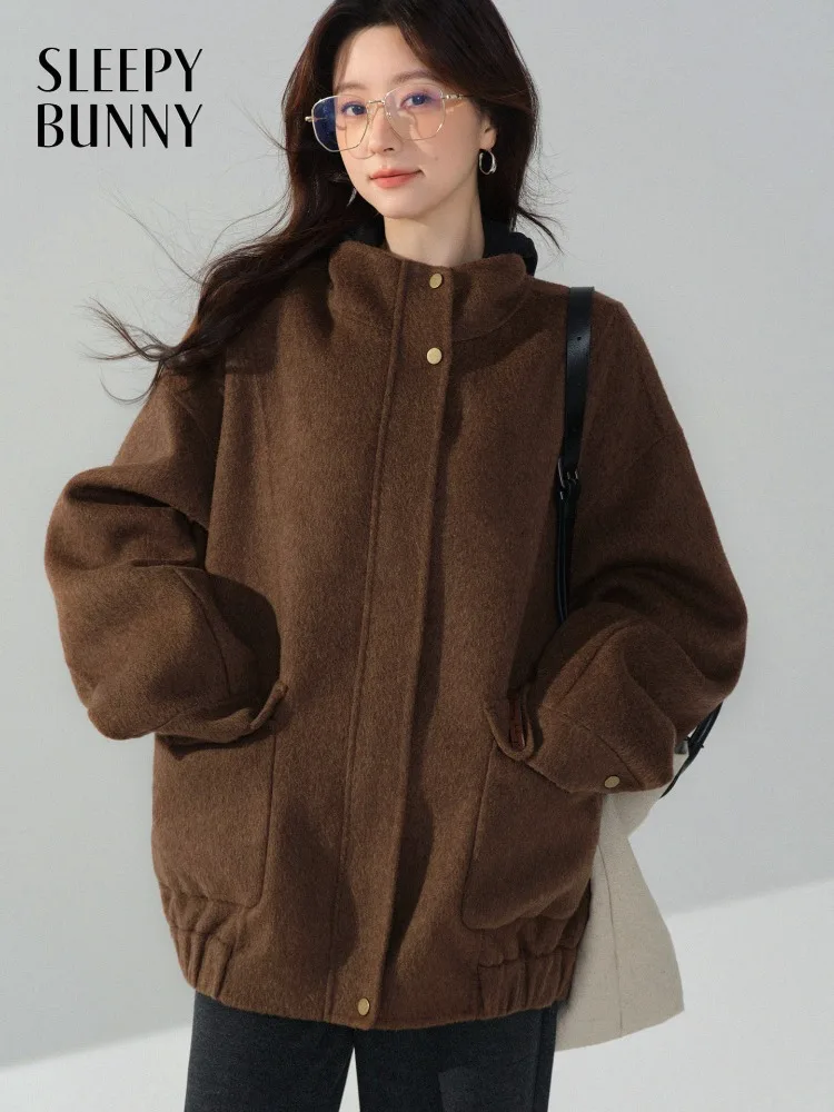 

Шерстяное двустороннее пальто для женщин, короткая куртка с воротником-стойкой, винтажная коричневая свободная зимняя верхняя одежда, элегантная теплая повседневная одежда