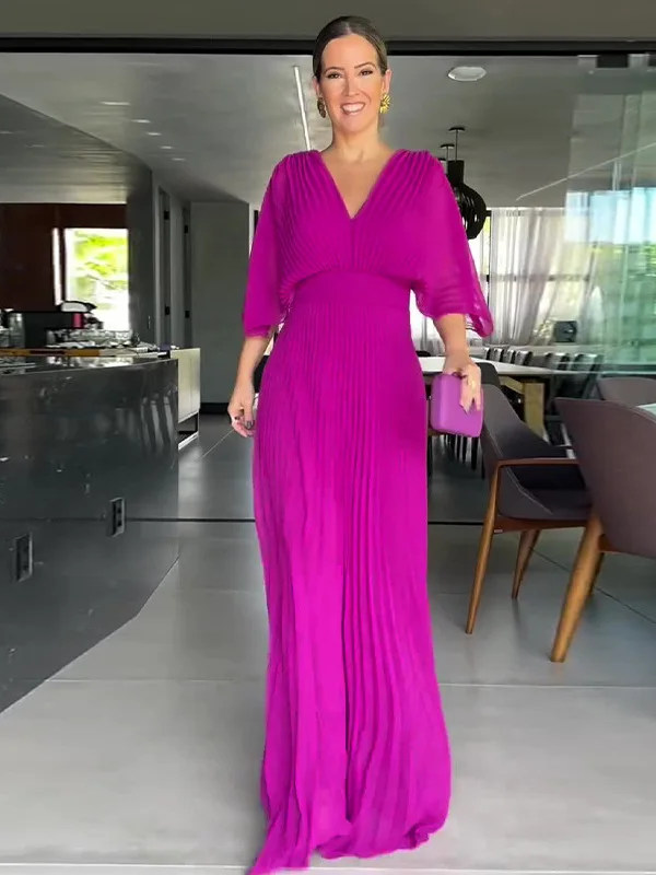 

Summer New Women's High Waist Batwing Sleeve V-Neck Dress Pure Color A-Line Skirt Polyester Fabric Short Sleeve Slim Fit