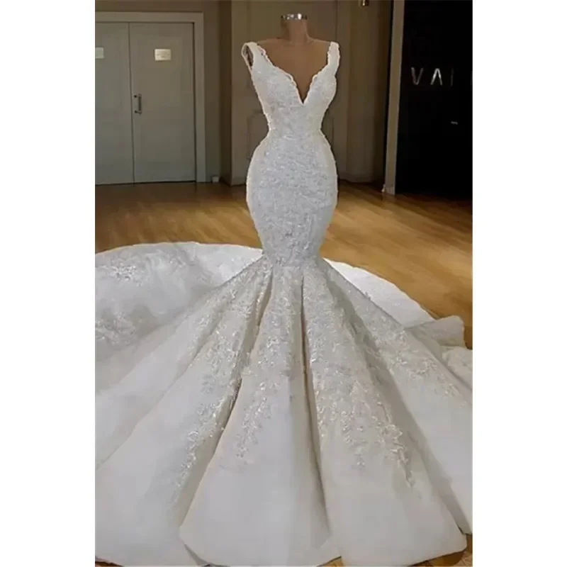 

Customized African Mermaid Lace Wedding Dress Online Sleeveless Puffy Bridal Gowns Brand Gown Fishtail