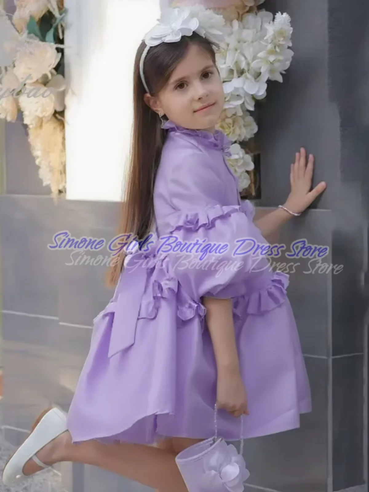 فستان فتاة الزهور برقبة عالية نصف منتفخة لحفلات الزفاف الرسمية للمناولة الأولى بطول الركبة فستان الأميرة الأنيق الجديد