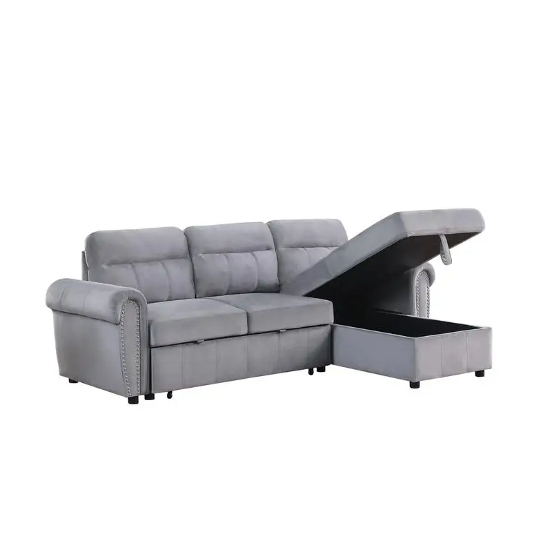 96.5" Gray Velvet Fabric Reversible Sleeper Sectional Sofa Chaise for Living Room, Modern Design, Comfortable and Versatile