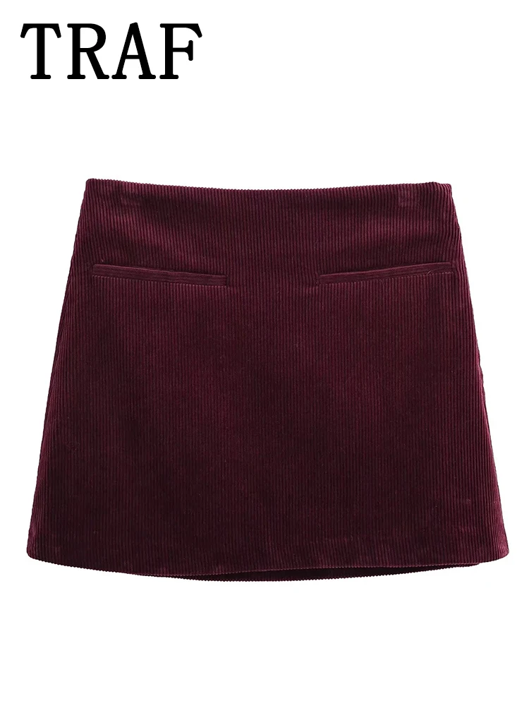 TRAF Elegant Mini Skirts Women 2025 Spring Mid Waist Corduroy Short Skirts Woman Fashion Casual Party Vintage Winter Skirts ﻿