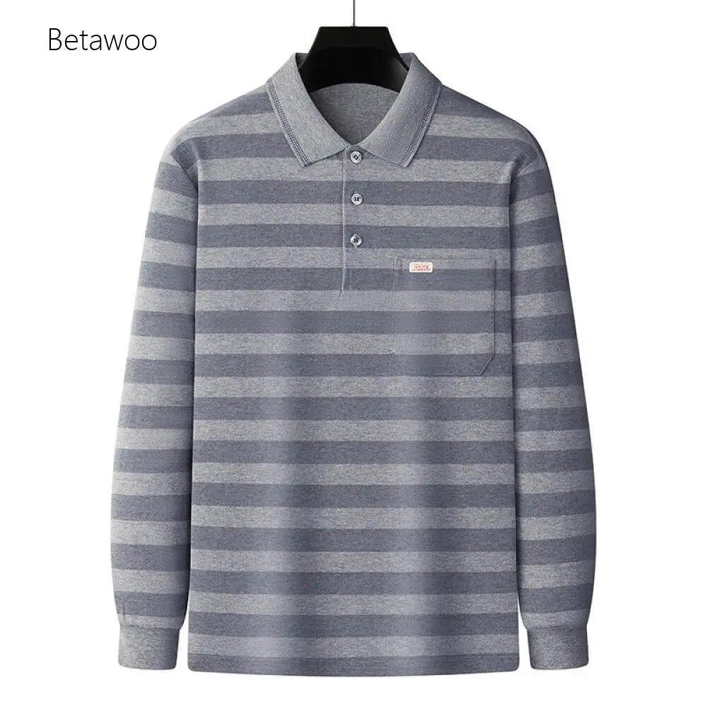 Casual Striped Polo Shirt for Men Long Sleeve Button Top with Chest Pocket