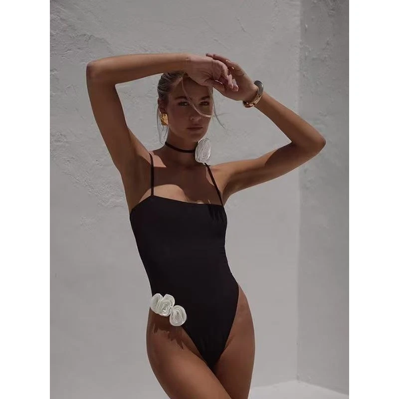 Retro Heben Style One-Piece Swimsuit Slimming Pure Color Floral Print High Waist Seven/Nine Pants Polyester Fiber Women's Swi...