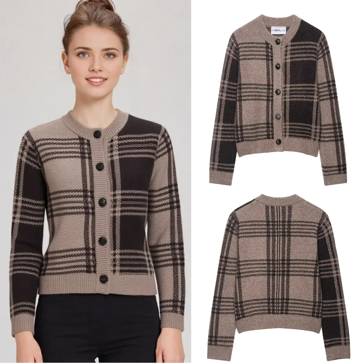 

Женские модные вязаные кардиганы с длинными рукавами и пуговицами, клетчатый свитер с круглым вырезом, кардиган, осенне-зимняя новая верхняя одежда
