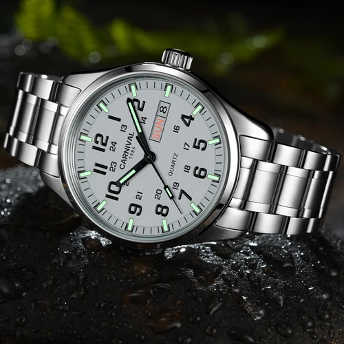 Reloj de pulsera de cuarzo a la moda de marca Carnival para Hombre, relojes militares luminosos de acero inoxidable de lujo, Reloj resistente al agua para Hombre