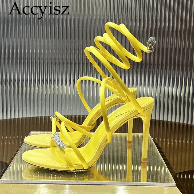 

Summer New Women's Crystal Decorative Sandals High Heel Snake Wrapped Sandals Solid Color Fashion Style High Heel Shoes 2024