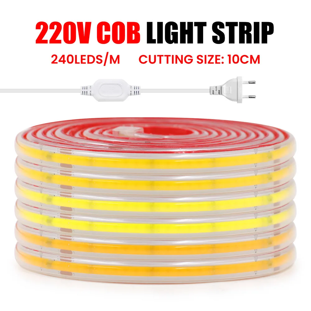 220V COB LED Strip Light EU Power Kit 240LEDs/M Bright Waterproof Flexible Tape High Density 3000K 4000K 6000K Linear Lighting