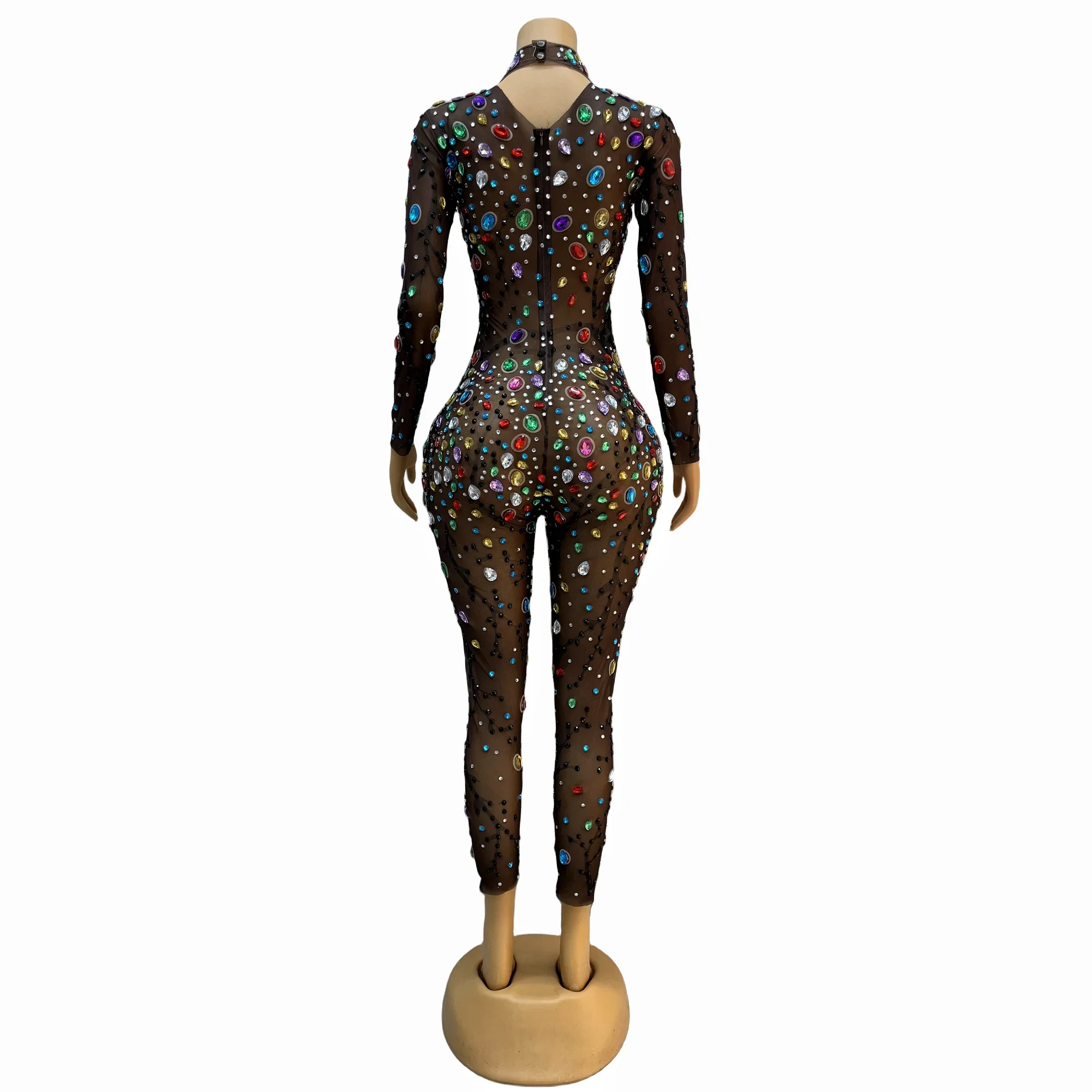 Colorful Big Rhinestones Brown Mesh Bodysuit  Dance Performance Costume Evening Birthday Celebrate Sexy Jumpsuit Outfit