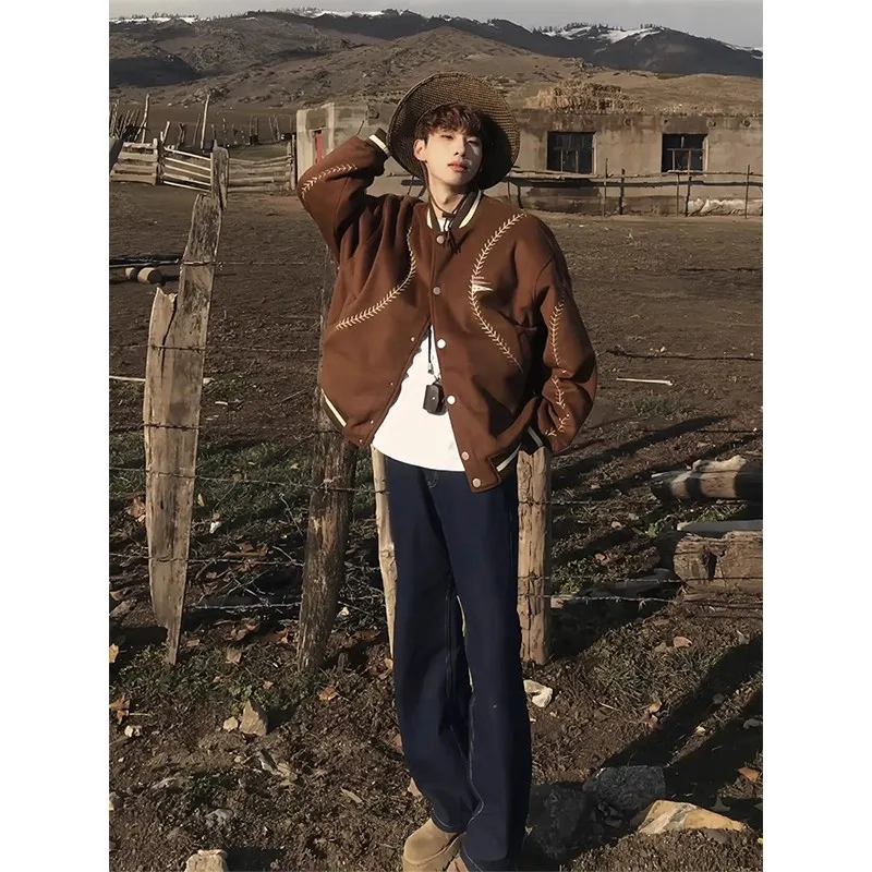 Brown Baseball Jacket For Autumn And Winter, Thick Woolen, Warm, High-End Amber Shimmer Jacket, Trendy