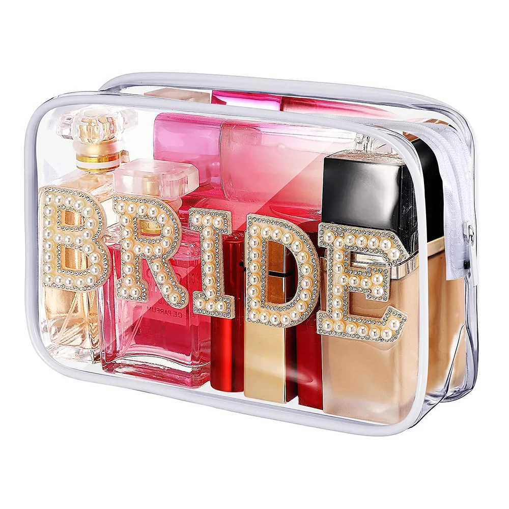 2024 Bride Pearl Rhinestone Letter Bag Clear Makeup Bag Bride Gift Wifey Makeup Pouch Pvc Wedding Decoration Bridal Shower Favor