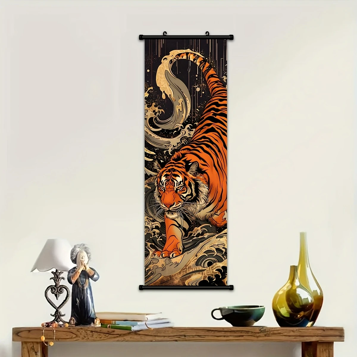 Ukiyo-e Tiger Scroll Tapestry, Narrow-Width “Tiger Descending the Mountain” Wall Hanging, Bedroom Home Decor