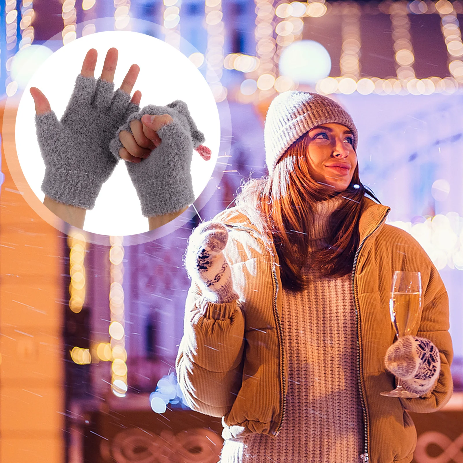 

1Pair Fleece Lined Antler Design Gloves for Women Fashionable Half Finger Warm Mitten for Cold Days Christmas Gift