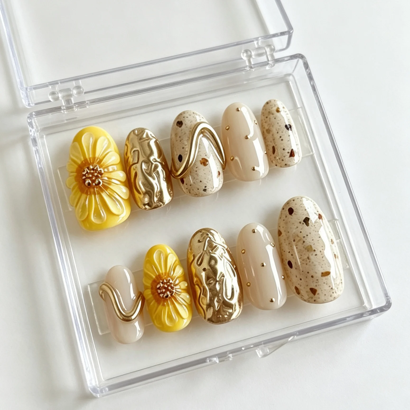 10 pièces de faux ongles ovales pressés à la main, magnifiques faux ongles, en métal tridimensionnel jaune crème marguerite doré, adaptés aux femmes